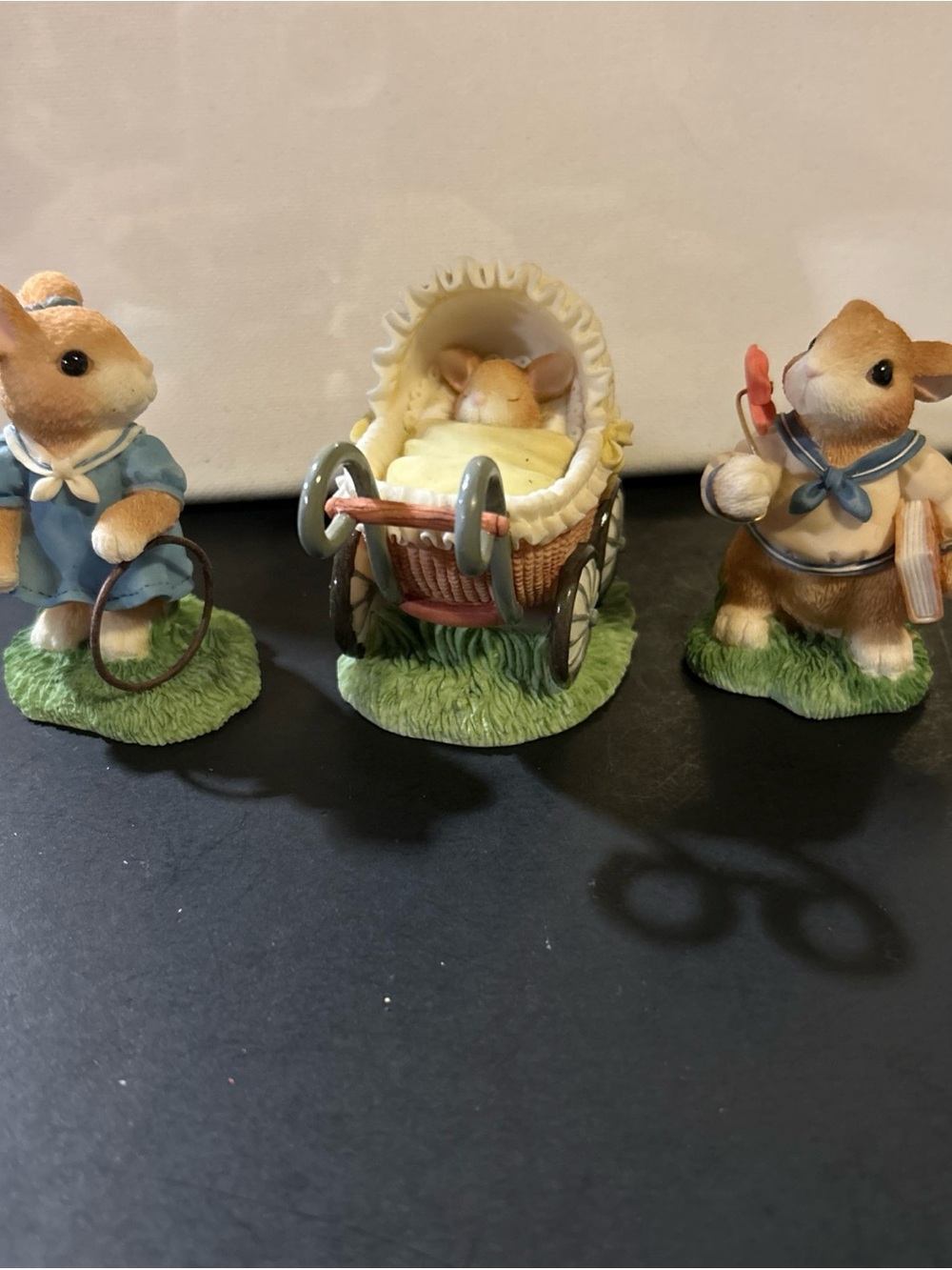 Enesco Blushing Bunnies lot of 3 Figurine Set with Yellow Baby Carriage